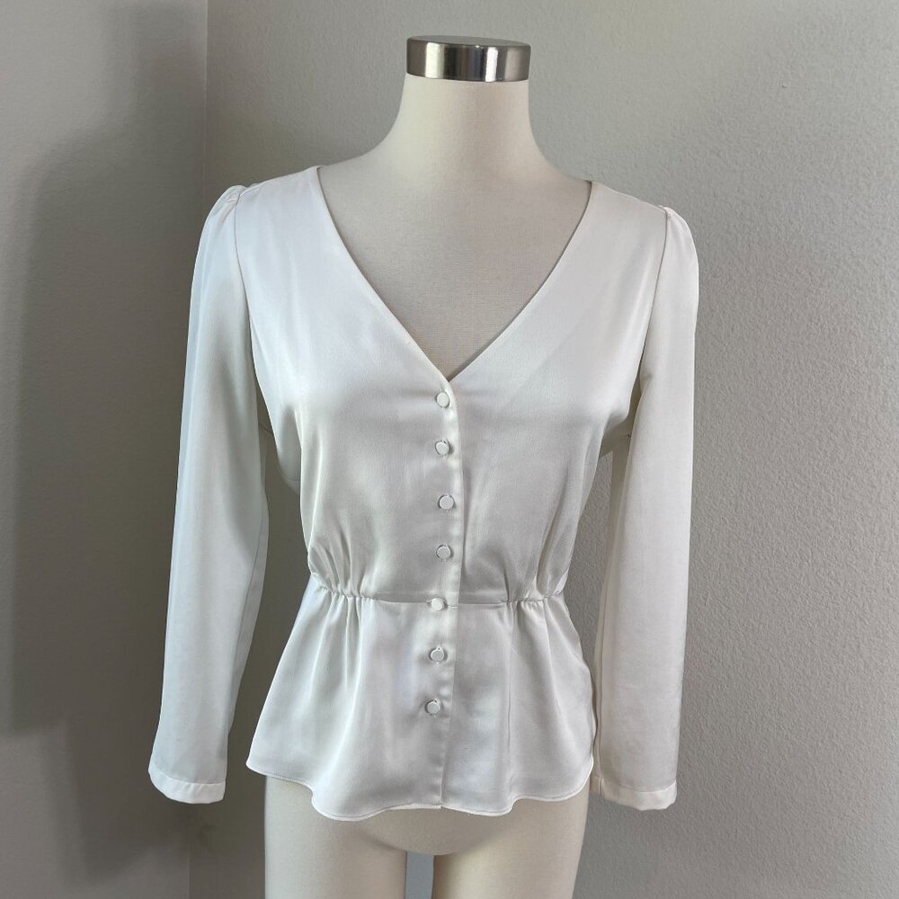 J Crew Womens 4 Long-Sleeve V Neck Button Up Blouse Peplum Hem Off White Top